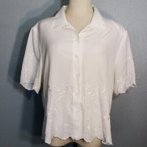 Vintage 80s White Embroidered Button-down Blouse Size 16 Christie &Jill